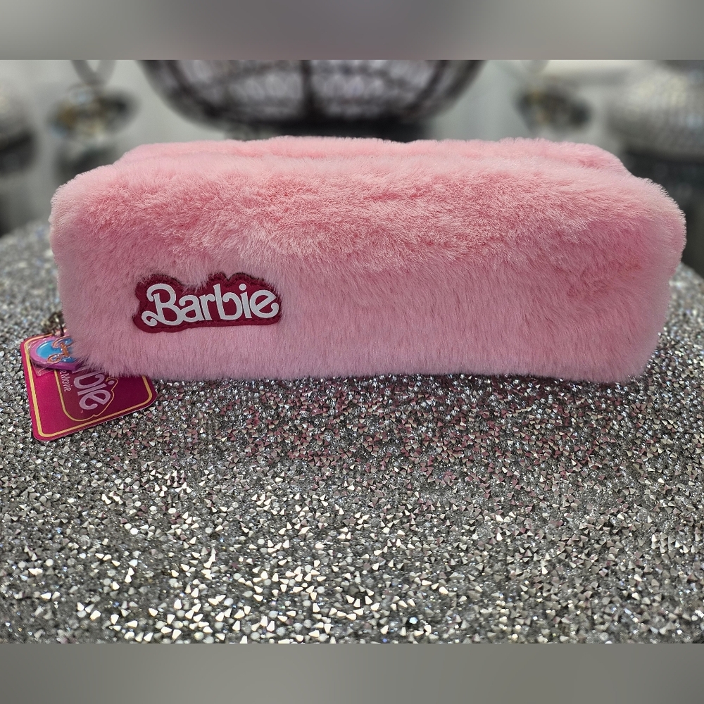 Barbie The Movie Pink Fur Plush Makeup Bag Pouch w/Barbie Charm Brush Pencil